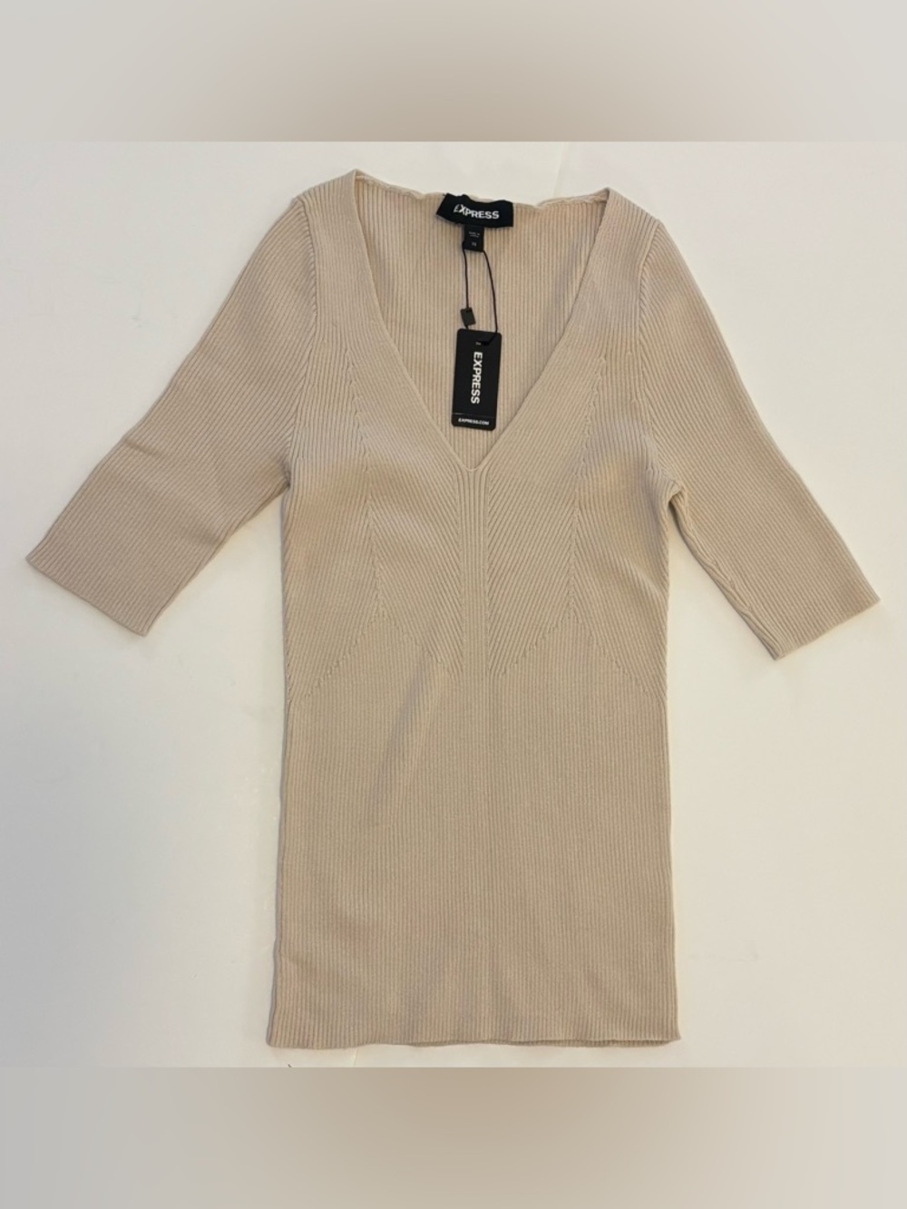 Express Beige Ribbed V-Neck Top